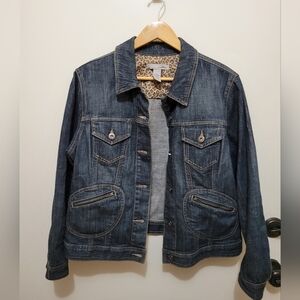 Chico's Platinum Denim Jacket with Partial Leopard Print Lining - Size 2